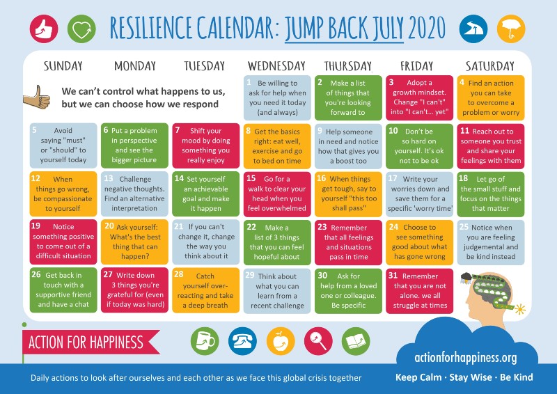 Being happier doesn't mean ignoring the difficult stuff - it's about being realistic, but finding ways to deal with tough times... The <a href="/actionhappiness/">Action for Happiness</a> calendar for #JumpBackJuly is full of ideas for small actions that can help us to be more resilient ☔️🌈
actionforhappiness.org/jump-back-july