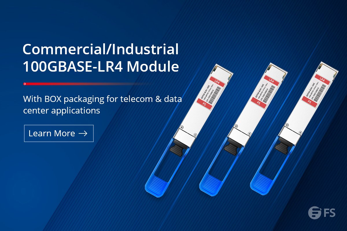 FScom_inc's tweet image. FS launches 100GBASE-LR4 QSFP28 BOX packaging transceivers which are featured with high reliability, low insertion loss and better high-speed signal quality. They are designed for telecom, ISP, and 5G wireless network deployments.buff.ly/31DwM1g