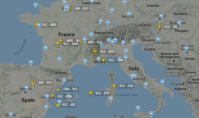 El Aeropuerto de Valencia recupera la actividad día a día, actualmente ya son 60 rutas activas. Ahora mismo 15 vuelos en el aire con destino u origen en Valencia.