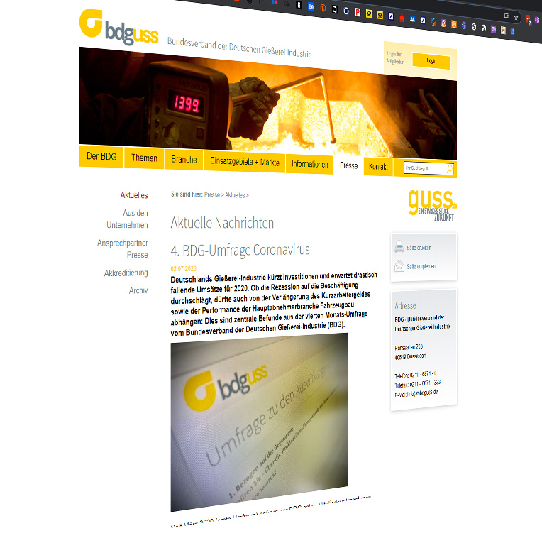Welche Themen bewegt Deutschlands Gießerei-Industrie im vierten Monat der #Coronakrise ? Wie ist die Situation bei Umsatz und Beschäftigung? Antworten auf diese und viele weitere Fragen gibt unsere Auswertung der vierten Umfrage des #BDG hier: ow.ly/AFQi50AoI4o #industrie
