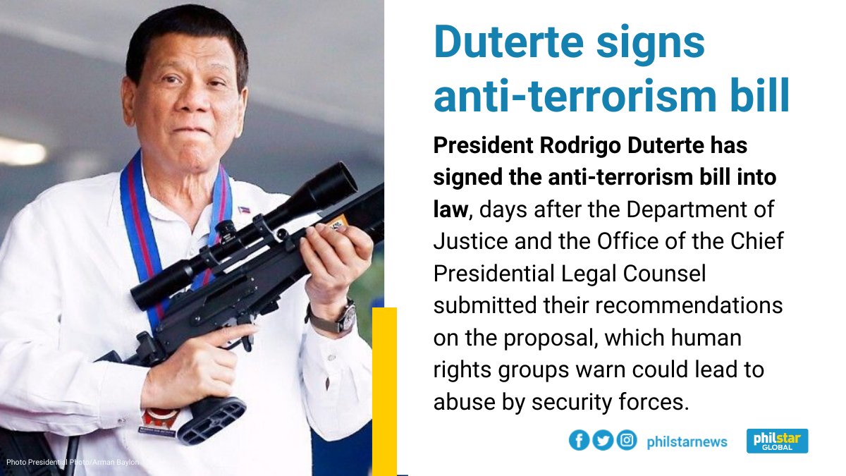 JUST IN: President Rodrigo Duterte has signed the controversial anti-terrorism bill into law, which is feared to infringe on people's basic human rights and fundamental freedoms.READ:  https://www.philstar.com/headlines/2020/07/03/2022791/duterte-signs-anti-terrorism-bill
