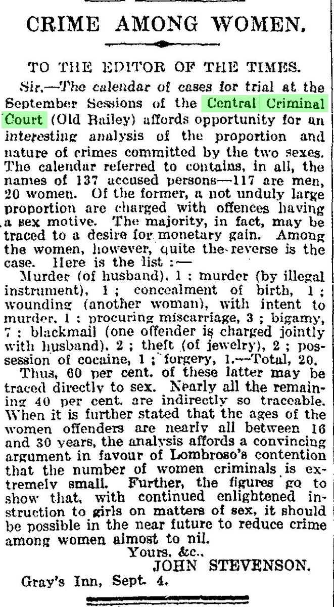 Imagine being so convinced that female criminality was caused by them being sex-crazed in one way or another that you felt compelled to write to a national newspaper about it. TLDR; Male crime complex, women's controlled by sex! #TheTimes #1920s #ESRCvictims