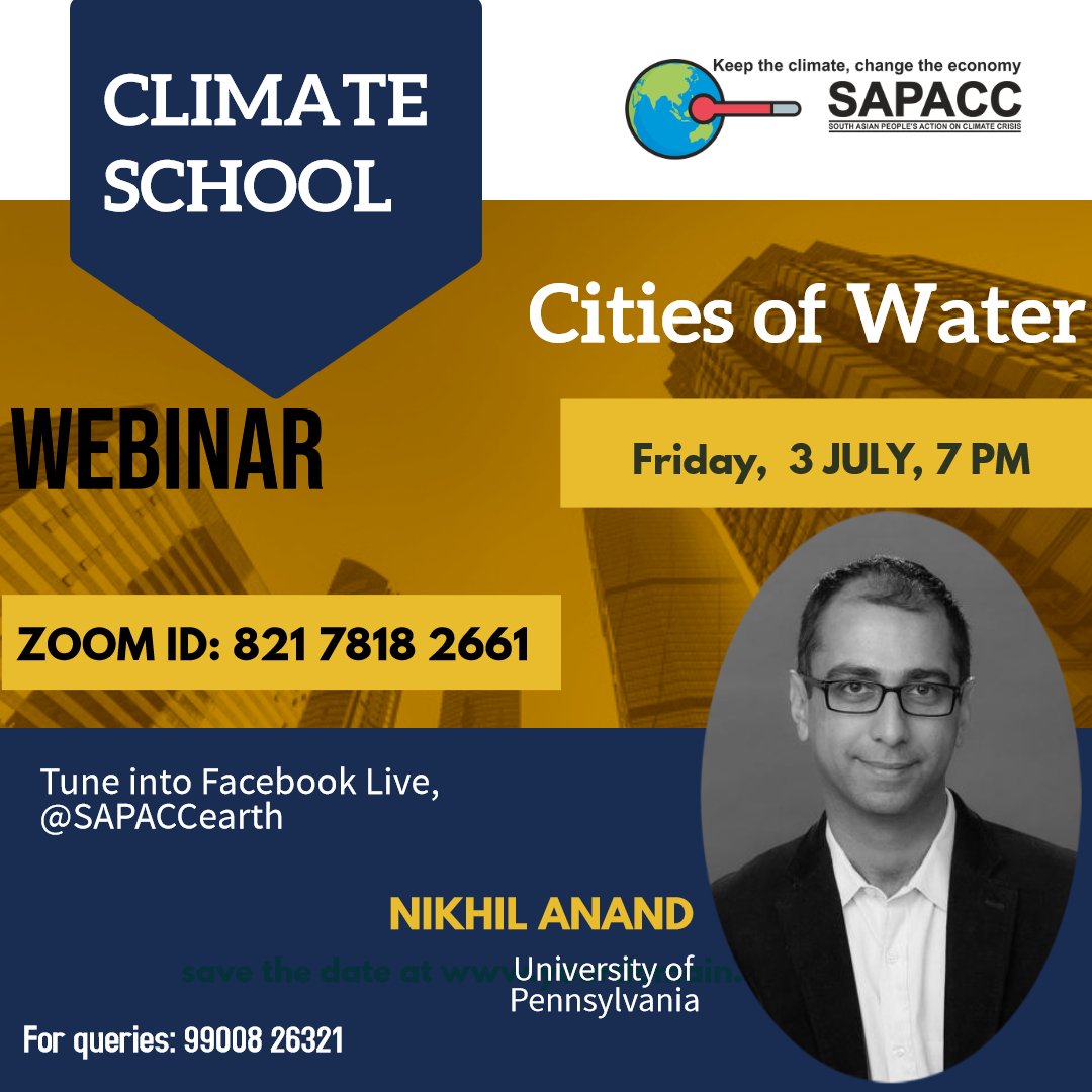 Topic: Cities of Water
Time ( Today) : Jul 3, 2020 07:00 PM India

Join Zoom Meeting
us02web.zoom.us/j/82178182661

Meeting ID: 821 7818 2661

#ClimateChange #FridaysForFuture  #ClimateAction #ClimateTeacher