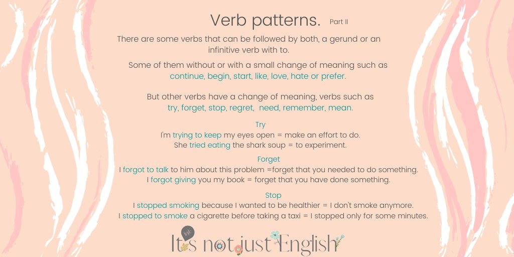 ItsnotjustEngl1's tweet photo. Hi Mates!!
Interesting summary of verb patterns. Part II.
*
*
#estudiar #estudiarencasa #englishmadrid #iloveenglish #moreenglish #englishlanguage #inglesgratis #rivasvaciamadrid #englishverbs #verbpattern #StayHome #learningenglish #gerund #itsnotjustenglish https://t.co/88G5I5hyJt