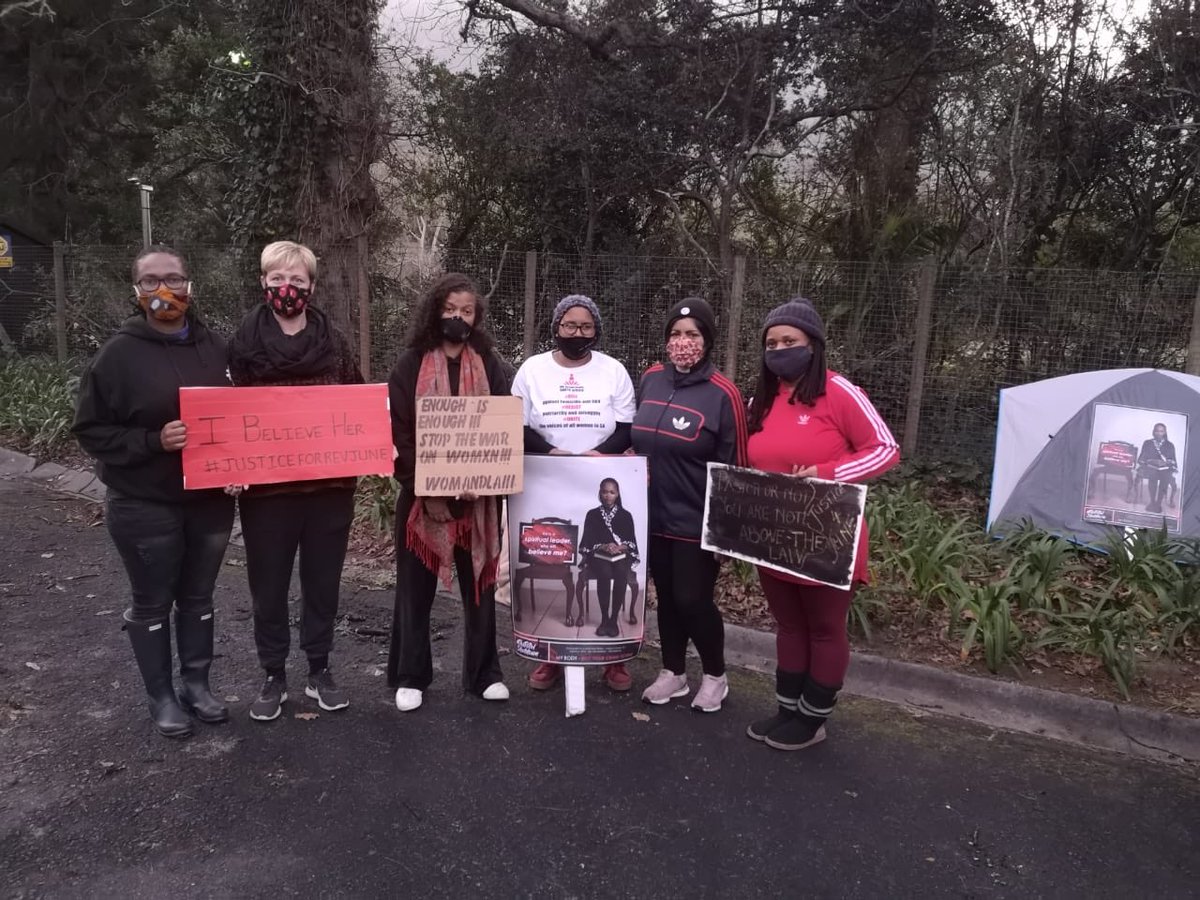 WomenProtestSA's tweet image. Reverend June is on a hunger strike since Wednesday to force the church to address the rape she suffered at the hands of a priest in 2002. She set-up a tent and chair in front of the home of Archbishop Thabo Makgoba in Bishop’s Court, Cape Town. 

#TheTotalShutdown
#24Demands