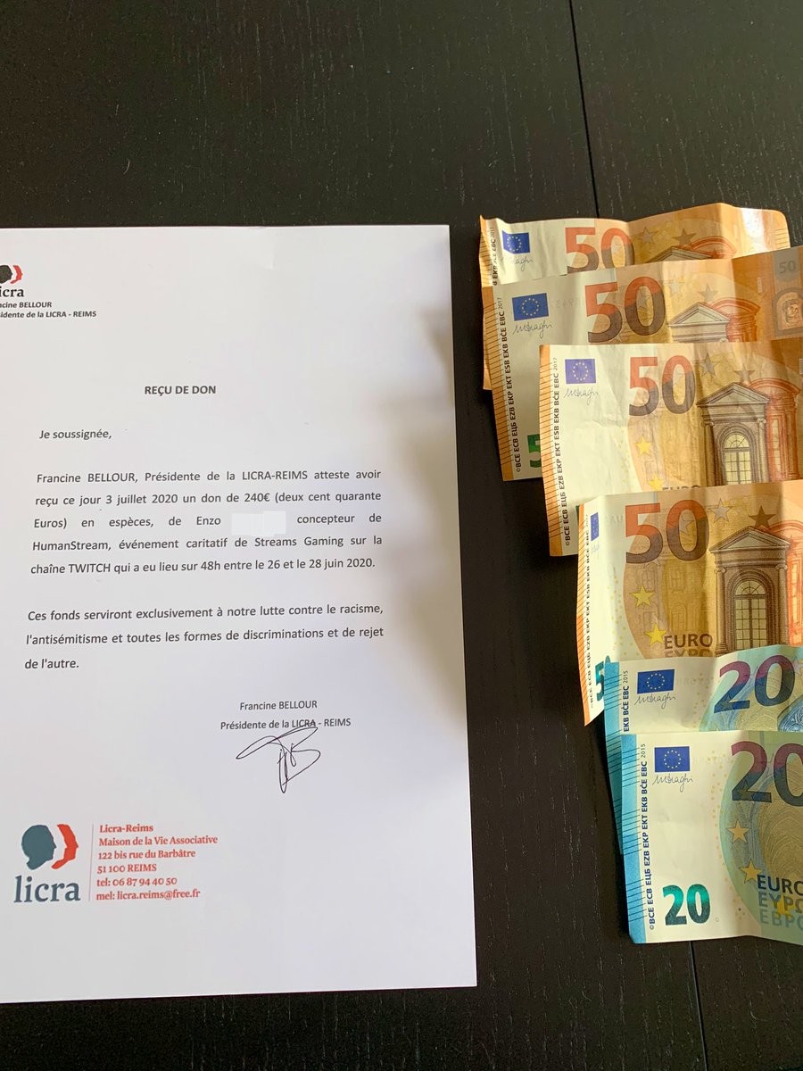 StreamHuman's tweet image. Lors de notre stream caritatif, nous avons récolté 240€ pour 
@Licra_Reims !

Nous sommes fiers de vous annoncer que le versement vient d'avoir lieu !

Merci à tous, que vous soyez donateur, viewers ou supporters, c'est grâce à vous que ça c'est réalisé !

Rendez-vous bientôt..