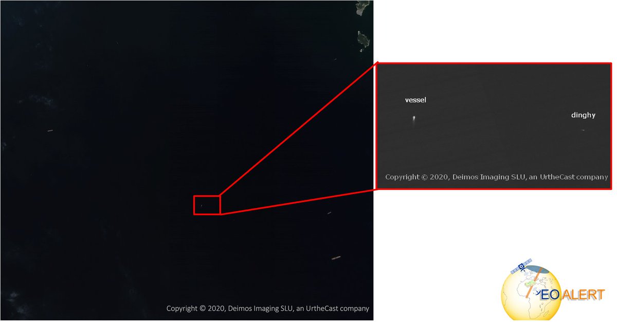 EOALERT's tweet photo. Here you can see the quicklook of the image acquired by #satellite #DEIMOS2 operated by @deimosimaging during the #EOALERT experimental #campaign
Thanks to the Deimos-2 #VHR #optical #payload of less than 1m, it is possible to spot both the medium-size #vessel and the 5m #dinghy https://t.co/ASdCQleqaF