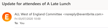 katielockett's tweet photo. Message to those who SIGNED-UP to #alatelunch @allswmfl, you've had an email from Charlie &amp; I via EventBrite (look for an email from EVENTBRITE, maybe it's in your Junk mail?) It looks like this (photo).  Video &amp; resources coming out to those who signed-up SOON! https://t.co/8Fsq1DpNJp