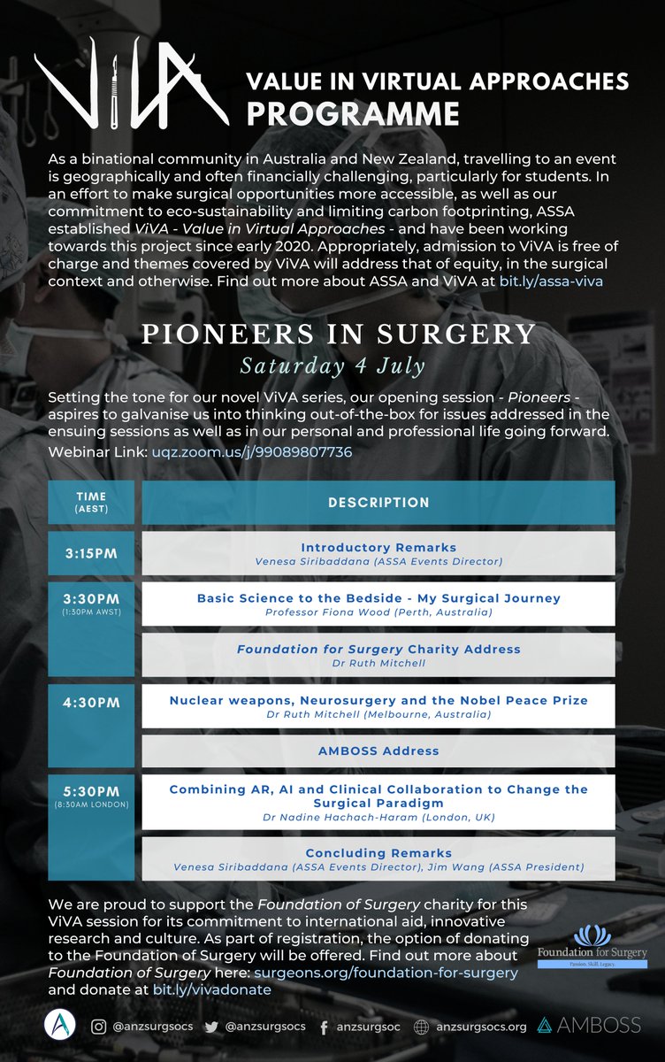 anzsurgsocs's tweet photo. Presenting the ASSA ViVA: Pioneers in Surgery programme! 

Don't miss out - registration is FREE and ends tomorrow: https://t.co/AKCDWaxwL2

Please also show your support for the Foundation for Surgery and donate here: https://t.co/ZgfwG61Y1C https://t.co/3BkNdfdH7w