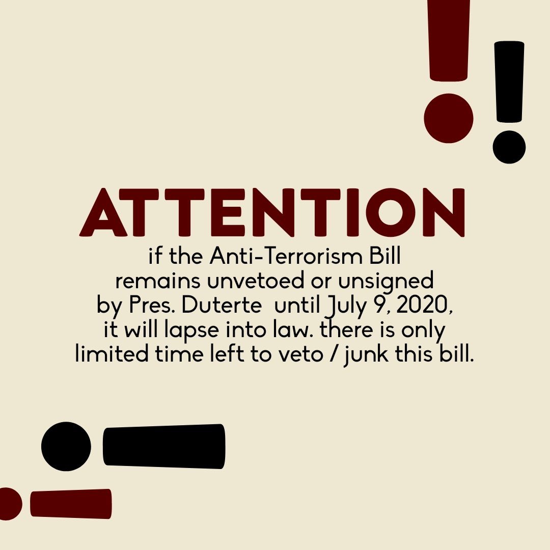 when the anti-terror bill is passed as a law, this will take away our (filipinos) freedom of speech, which ultimately violates our rights as humans. we can't let this happen please  #VetoTerrorBilllNow