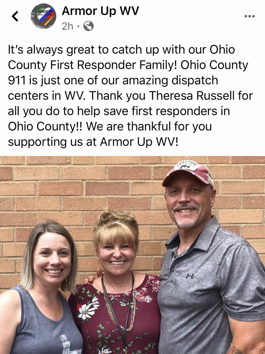 ArmorUpAmerica's tweet photo. Just an #honor that #ArmorUpWV and #SafeCallNow have the opportunity to serve the great men and women of the #OhioCounty, #WestVirginia, #911Center. Always great to spend time with our dear friend Theresa Russell 🙏 ✝️ 💪 https://t.co/lngYvlJMak