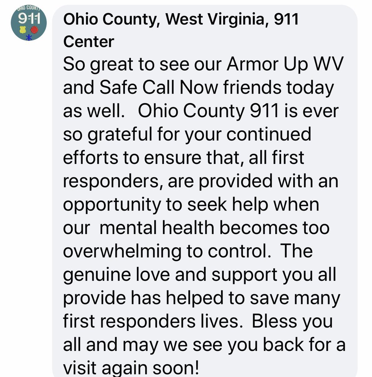 ArmorUpAmerica's tweet photo. Just an #honor that #ArmorUpWV and #SafeCallNow have the opportunity to serve the great men and women of the #OhioCounty, #WestVirginia, #911Center. Always great to spend time with our dear friend Theresa Russell 🙏 ✝️ 💪 https://t.co/lngYvlJMak