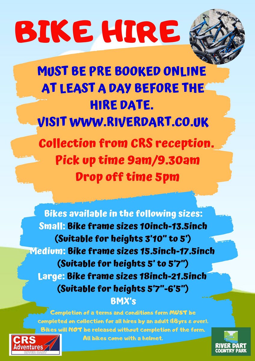 Bike hire available @RiverDartCP from tomorrow! Must be pre booked online at least a day before hire! 😁🚵‍♂️🚵🏻‍♀️