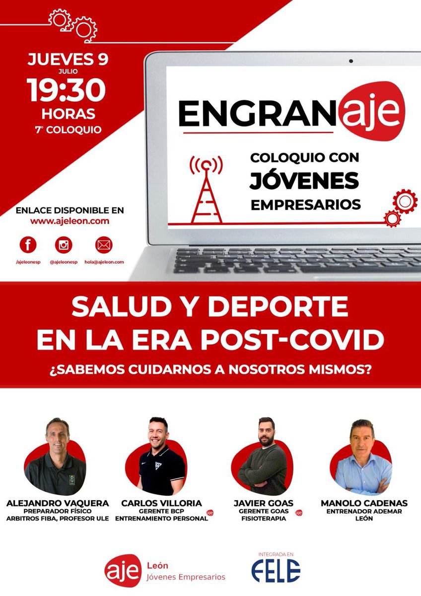 Engran-AJE 📲 9 de julio 19:30H: Salud y deporte en la era Post-Covid. ¿Sabemos cuidarnos a nosotros mismos? Con:

Javier de <a href="/GoasFisio/">Goas Fisioterapia</a>
Carlos de <a href="/BCP_ep/">BCP Entrenamiento Personal</a>
Alejandro, Preparador Físico en FIBA y profesor en <a href="/unileon/">Universidad de León</a>
Manolo, Entrenador del <a href="/ADEMARLEON/">//Abanca Ademar León</a>

👉🏻 ajeleon.com 👈🏻