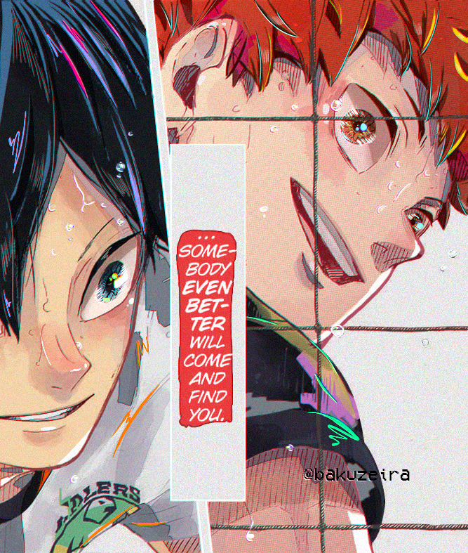 bakuzeira's tweet photo. hinata shouyou and kageyama tobio;

what is a rival if not a crush you’re mad about having https://t.co/MADicW3tdh