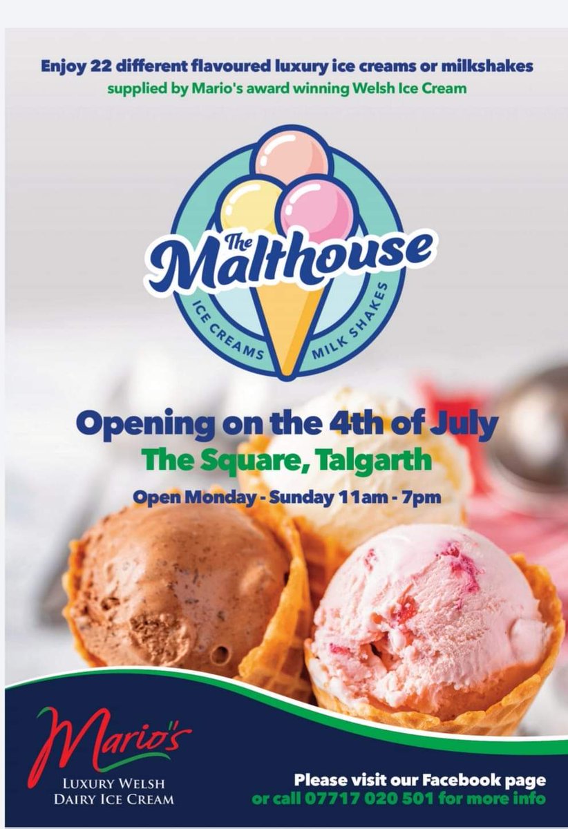 Only one more sleep until the opening of #TheMalthouse #IceCreamParlour tomorrow, Saturday, 4th July. It's a great boost to business & morale in #Talgarth to see this new venture coming to fruition! #PostCovidRecovery #Talgarth #Powys #MidandWestWales🍦🍧🍨