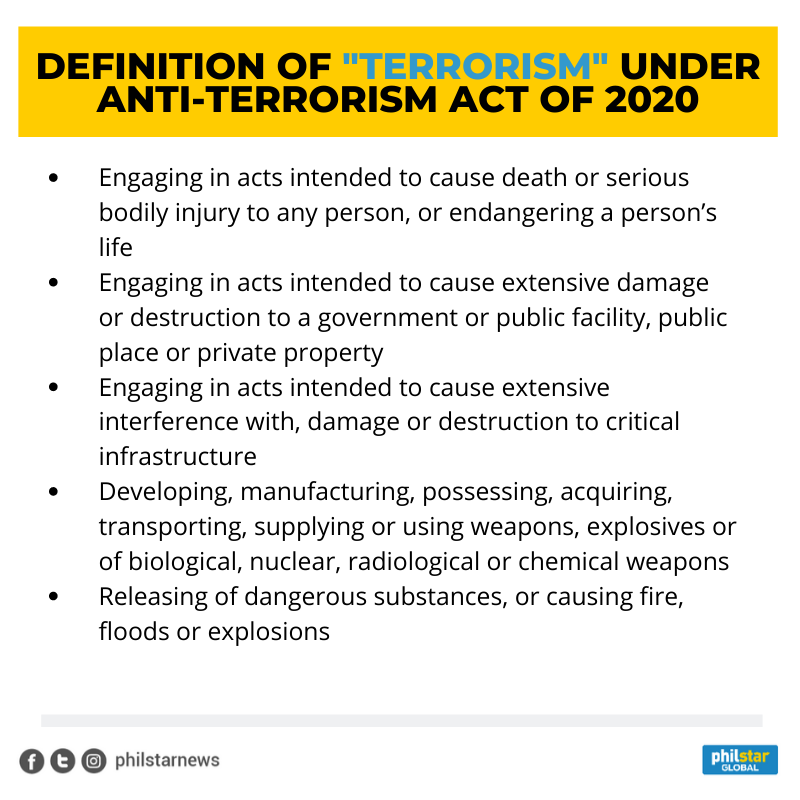 CONTEXT: The anti-terrorism act has been criticized for its vague definition of 'terrorism.'On top of this, the Anti-Terrorism Council, which will be the chief implementer of the law, have several members known for red-tagging.READ:  https://www.philstar.com/headlines/2020/05/30/2017586/anti-terror-bill-defines-terrorism-vaguely-has-clear-and-specific-dangers