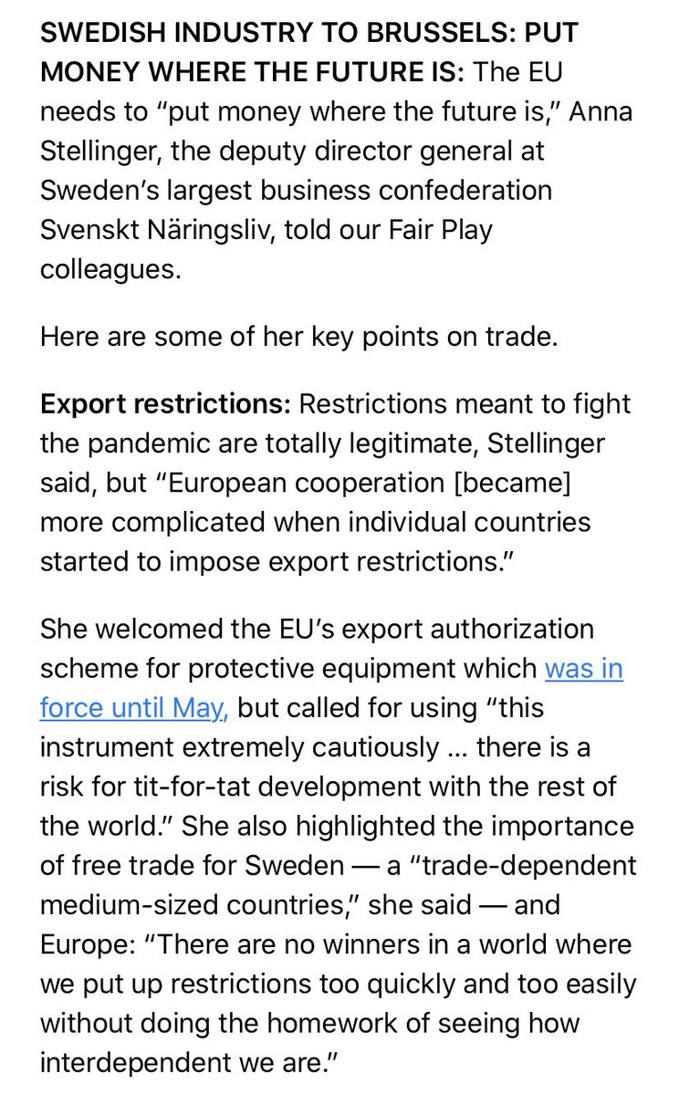 AnnaStellinger's tweet photo. Interview in @politico @POLITICOEurope today, by @frogontheroof. 

My points (1/3):
 
- We need to put the Recovey money where future jobs are (not just the present);
- Do our homework better in the EU on our interdependence with rest of the world. https://t.co/mhWC5ZsmwP