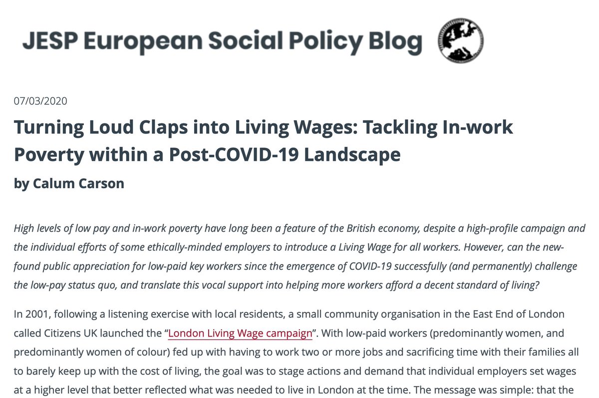 New in the JESP European Social Policy Blog: 'Turning Loud Claps into Living Wages: Tackling In-work Poverty within a Post-COVID-19 Landscape' by @calum_carson.
bit.ly/3gmrjQD