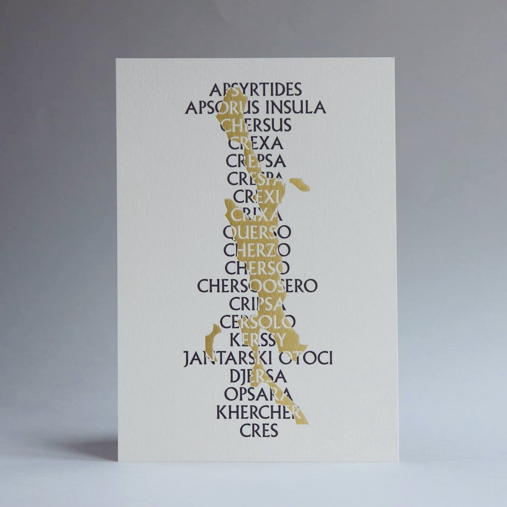 A5 cards by <a href="/abcdkovac/">Denis Kovac</a> printed on 350gsm Colorplan Mist with matte gold foiled shape of the island Cres.