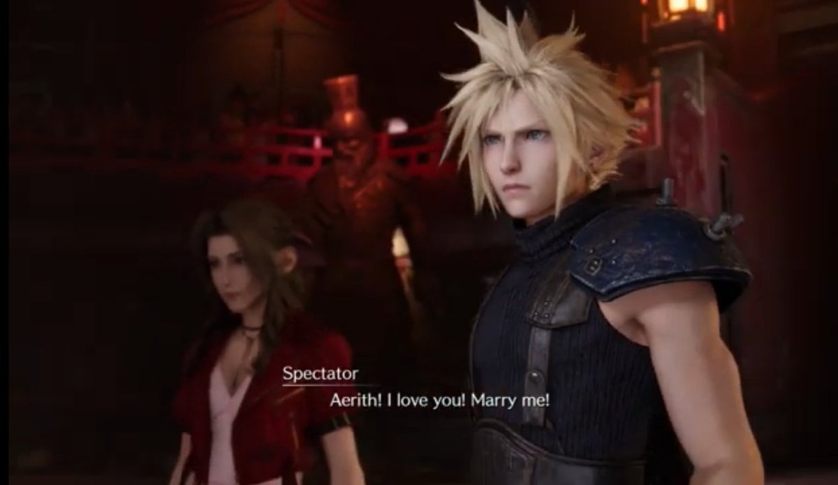 During their fight at the Colosseum, people were praising them as a couple but one guy shouts he want to marry aerith and clous got mad and jealous.He looks mad af! Y'all dont make him jealous or else his gonna slice you up instead of the hell house.  #clerith