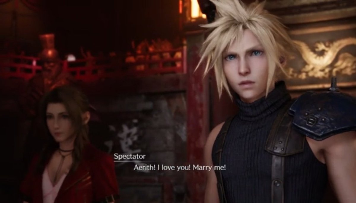 During their fight at the Colosseum, people were praising them as a couple but one guy shouts he want to marry aerith and clous got mad and jealous.He looks mad af! Y'all dont make him jealous or else his gonna slice you up instead of the hell house.  #clerith