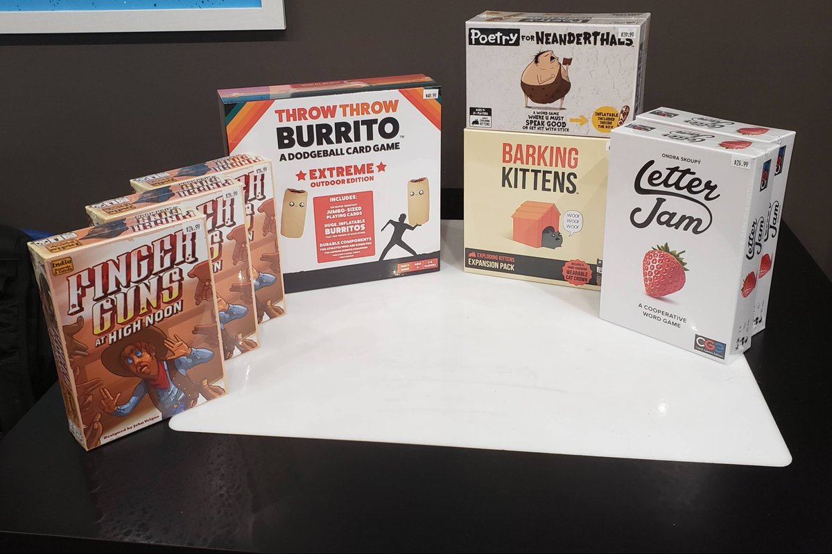 UnpluggedFreddy's tweet photo. A few new games in stock for sale! A new exploding kittens expansion. Throw throw burrito outdoor edition, Finger Guns at High Noon a fun party game. Poetry for Neanderthals a game like taboo but with a club to beat the other team. And Letter Jam a fun clue giving game based… https://t.co/Kbj181noPT