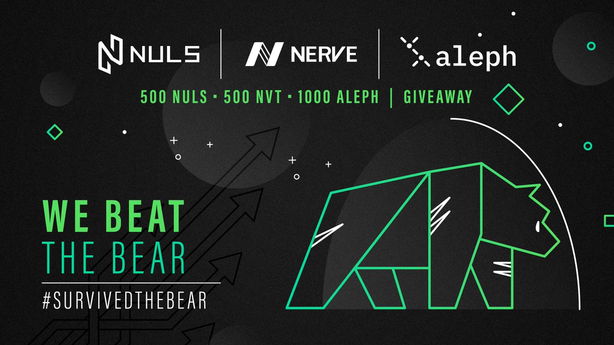 Nuls's tweet image. The bear market was brutal on most projects, but others survived and thrived! @Nuls, @nerve_network &amp;amp; @aleph_im are giving away 500NULS, 500NVT &amp;amp; 1000ALEPH

For a chance to win!
Follow @nuls, @nerve_network &amp;amp; @aleph_im
Comment below #survivedthebear &amp;amp; NULS address
#Like #Retweet