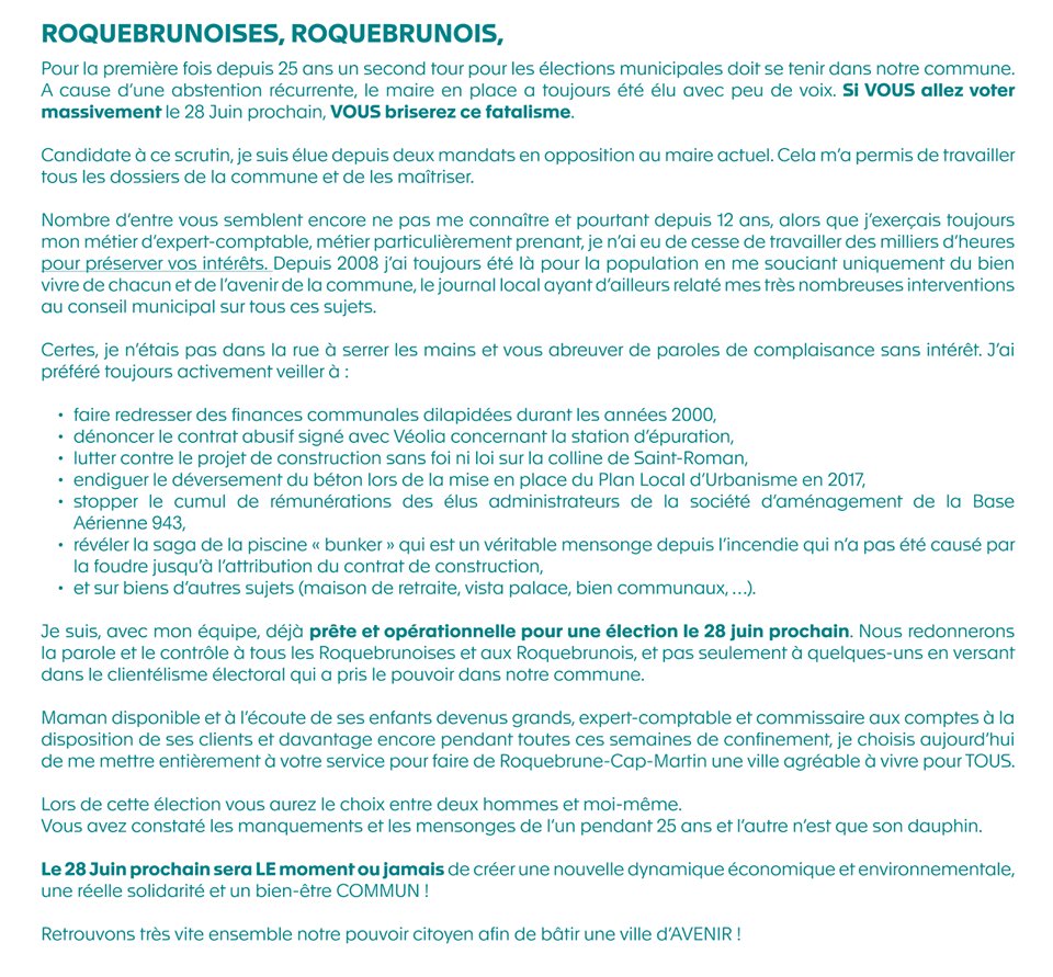 CapRocabruna's tweet photo. Lettre de Marie-Christine aux Roquebrunoises et Roquebrunois 📩
#Municipales2020 #RoquebruneCapMartin #VotonsMarieChristine #CapRocabruna #MarieChristineDeFerrière https://t.co/apf26FY5DQ