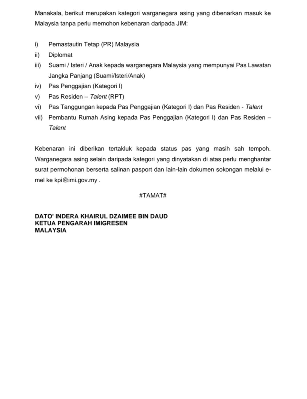 Contoh Surat Ke Imigresen Kebenaran Berkerja