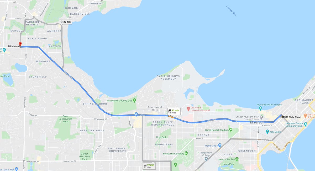 Here's the trip. You can clearly see UW Hospital in the middle of the road trip. She took a 15 minute drive to her brother's. Chatted with her mother. Called the hospital which they told her to get an ambulance.