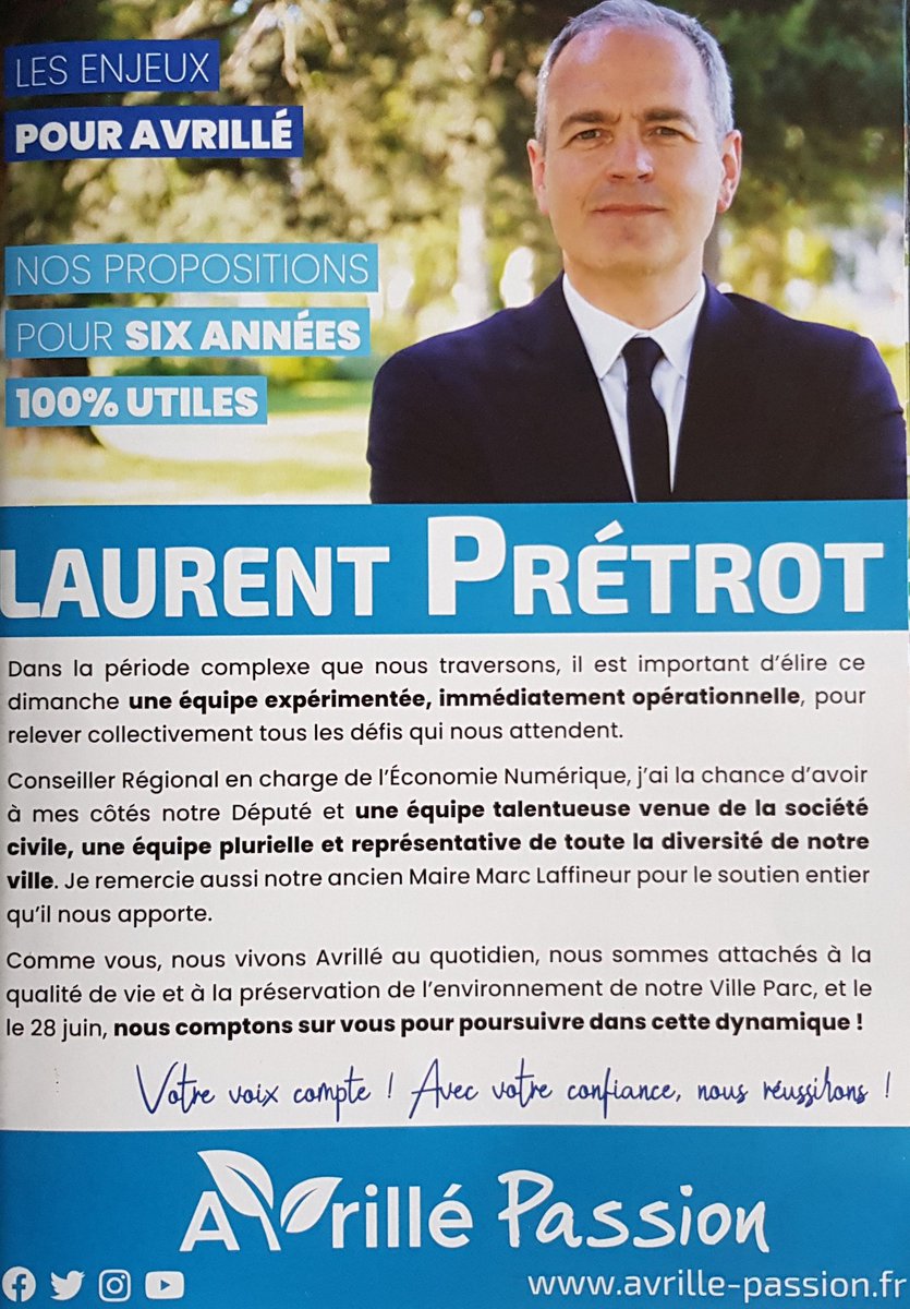 #Municipales2020 <a href="/avrille49/">Avrillé, naturellement !</a>
Dimanche une équipe vous propose de :
▶️ donner une chance à tous
▶️ conjuguer ville qui rayonne avec ville où il fait bon vivre
▶️ réussir des projets d'intérêt général
▶️ choisir l'expérience
Cette équipe c'est <a href="/AvrillePassion/">Avrillé Passion</a> emmenée par <a href="/LPretrot/">Laurent Prétrot</a>