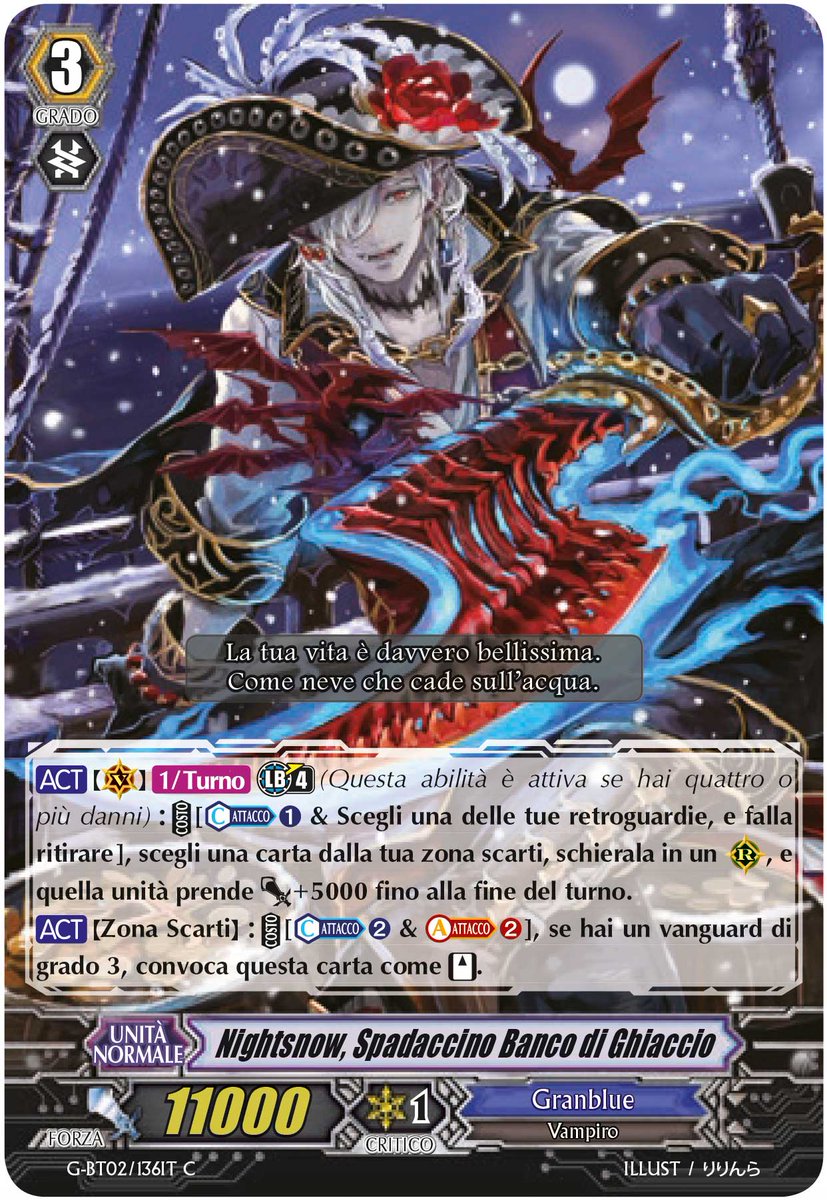 cfvanguardit's tweet photo. La carta spoiler di oggi è "Nightsnow, Spadaccino Banco di Ghiaccio".
#CfVanguard #GBT02 #GranBlue https://t.co/RDqHfzA09P