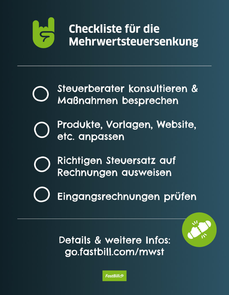 Worauf müssen Unternehmen zur #Mehrwertsteuersenkung am 1. Juli achten? - Hier unsere Checkliste! #buchhaltung #Konjunkturpaket #DATEV

Alle Infos auf go.fastbill.com/mwst