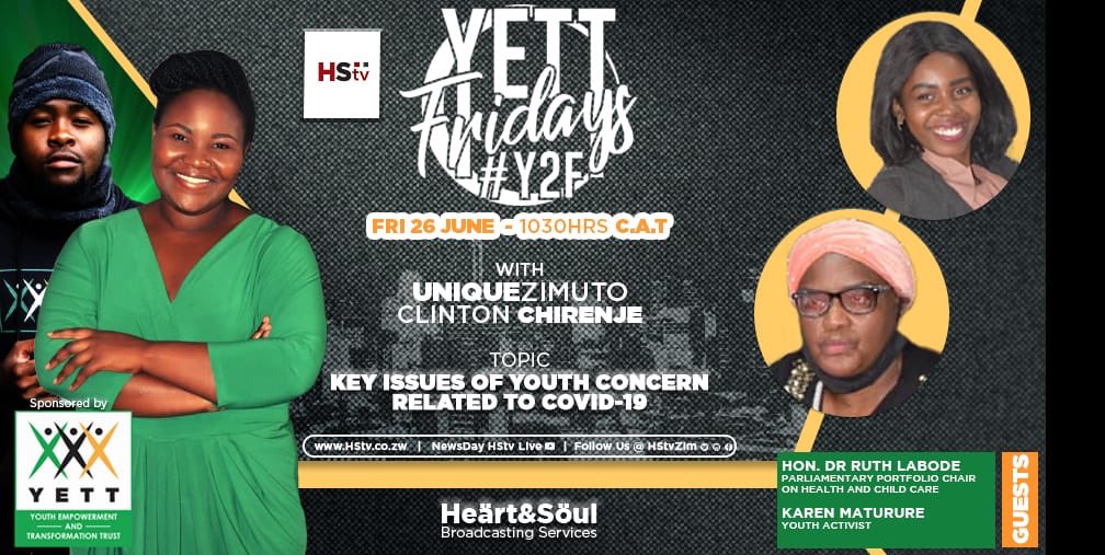 This week on #YettFridays  we are focusing on key issues of youth  concern related to #Covid19Zim .
Join us for this discussion with the Parliamentary Portfolio Committee  Chair on Health , Dr Labode today  at 10:30 to 11:00am on your favorite online tele-radio station <a href="/HStvZim/">Heart and Soul TV Radio</a>