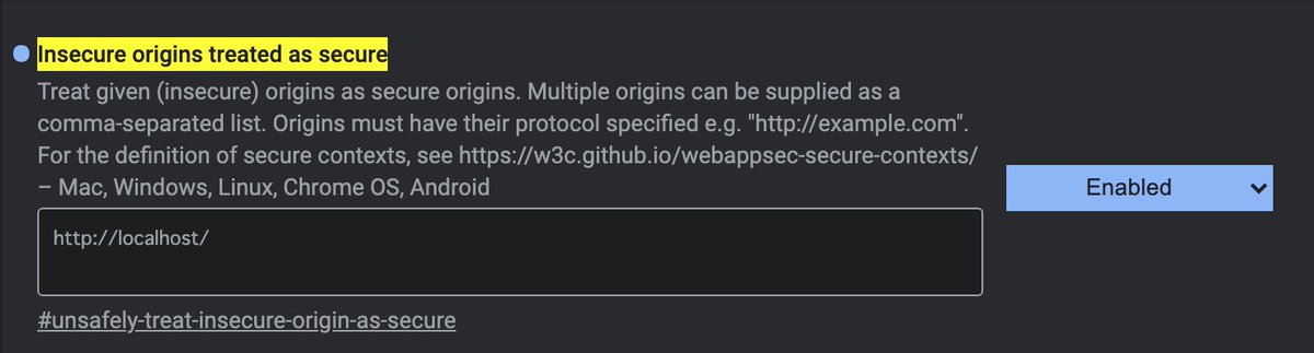 warpbtn's tweet photo. ローカル環境のJavaScriptでnavigator.getUserMediaが動かないときの解決法
・SSL上でないとカメラやマイクにアクセスできない
・Chromeなら下記の設定で回避
chrome://flags/#unsafely-treat-insecure-origin-as-secure
で設定を画像のように変更して再起動するだけ。 https://t.co/EXlxGrpx6V