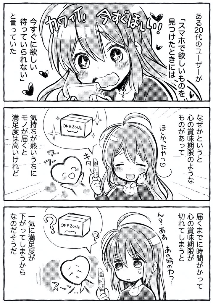 20代のユーザーが「通販はすぐほしい」と語っていた心の賞味期限の話

心(感情の高まり)には賞味期限があり、SNSやYouTubeで「これほしい!」と

そう思った瞬間からなるべく早く、感情や文脈が失われないうちに届いてほしい

それによって買い物の満足度が変わる 