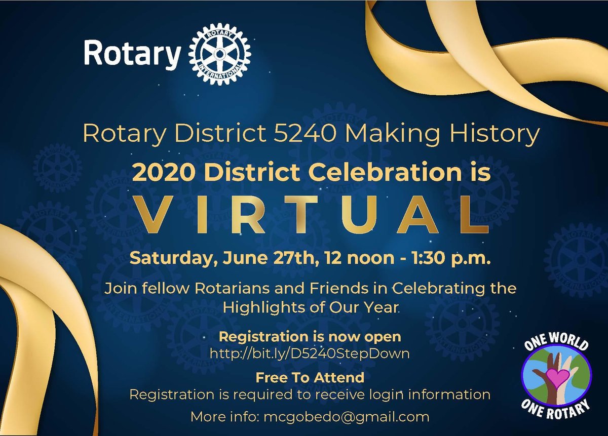 Don't forget! Our Rotary District 5240 historic virtual celebration &amp; awards ceremony is taking place THIS Saturday June 27th, noon - 1:30pm. Let’s make history together in the comfort of our homes &amp; be inspired by what we have done as a district even during these crazy times!