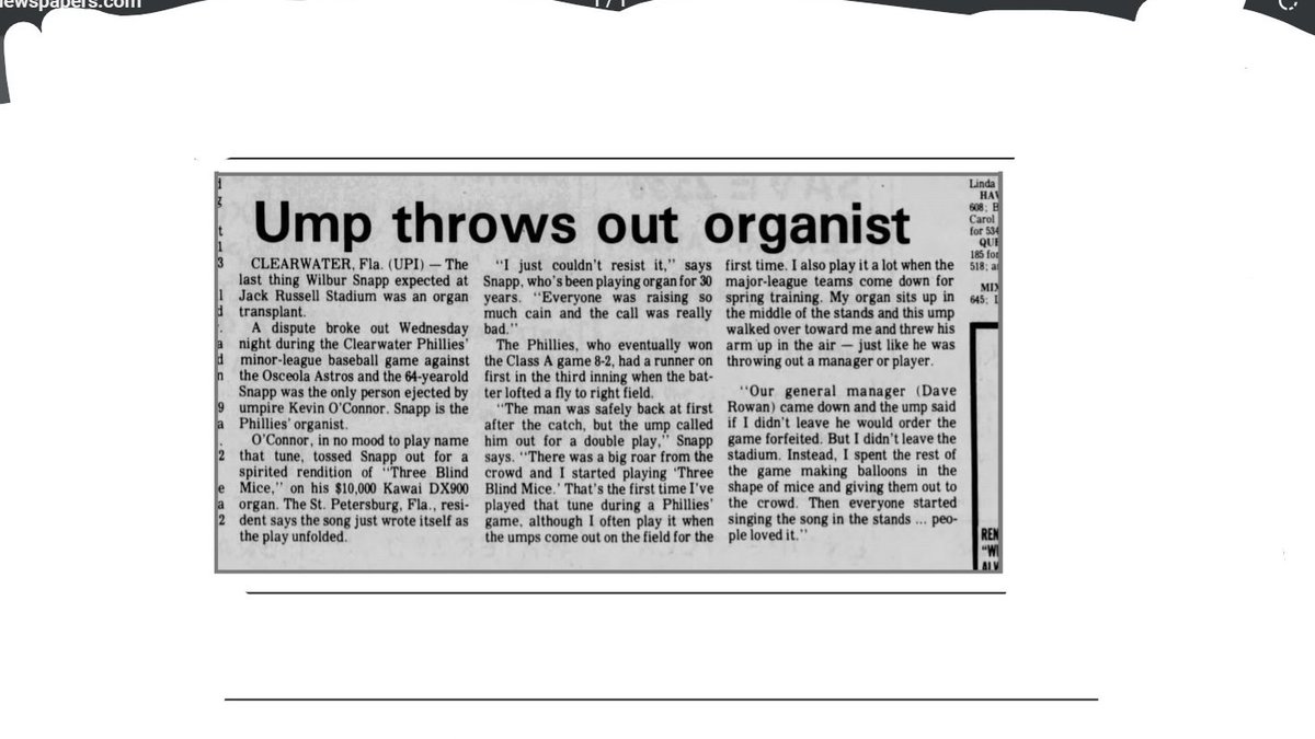 BaseballandLaw's tweet photo. Hitting a sour note🎶 🎼🎼

Did you hear about the discord a @MiLB umpire caused when he didn't like an umpire's call?

On 6/26/85🎹Organist Wilbur Snapp was ejected from a game by umpire Keith O'Connor for playing "Three Blind Mice." 🐁🐁🐁

#BaseballandtheLaw p 511 @played41 https://t.co/ChYlCqFD8a