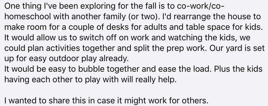 So many parents are feeling the pressure to 'be everything' during this stressful time; and with no end in sight (yet) their #mentalhealth and their family's is suffering.
Sharing this idea in case it helps some people ease the burden. Let's use those bubbles to our advantage.