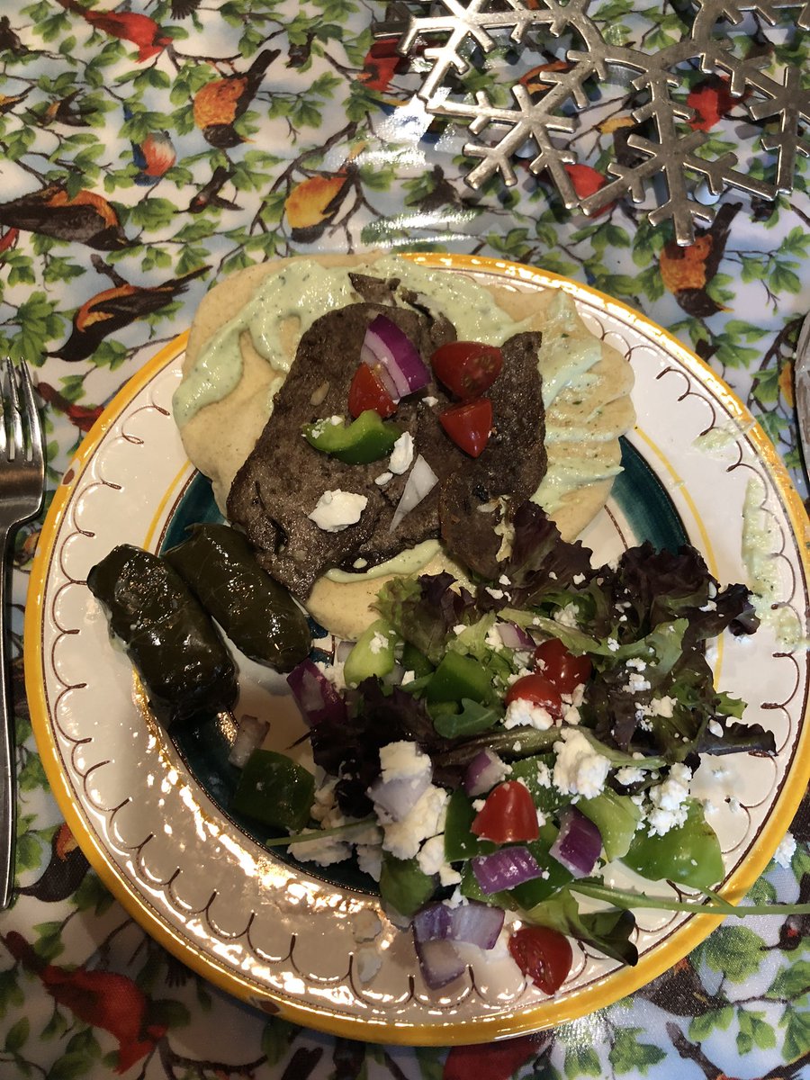 Gyro meat, homemade pita, tzatziki, stuffed grape leaves and a Greek salad for supper tonight. #greekfood #gyro #pita #tzatziki #greeksalad #fetacheese #stuffedgrapeleaves #homecooking #redonions #greenpepper #springmixsalad