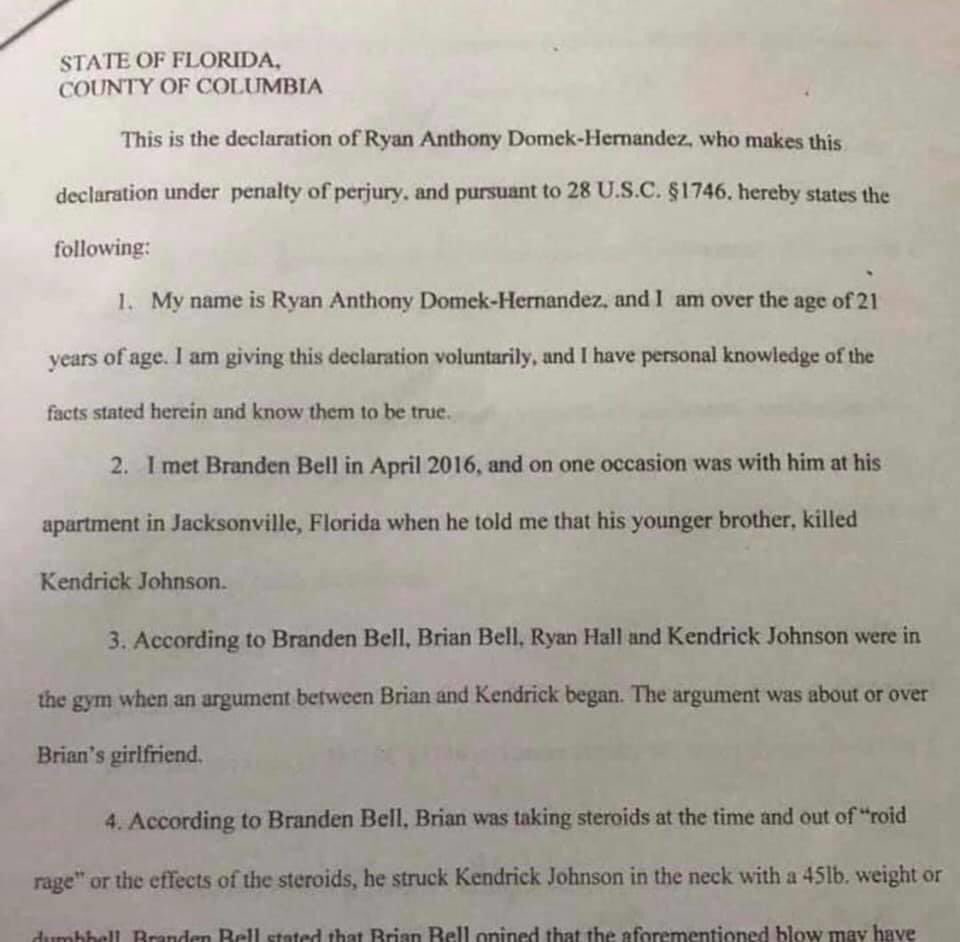N This Statement Was Made By Ryan Anthony Domek Hernandez Hernandez He Corroborates The Earlier Tip That The Bells Killed Kendrick Johnson Over Taylor Eakin Brian Struck Kendrick With A 45lb Dumbbell