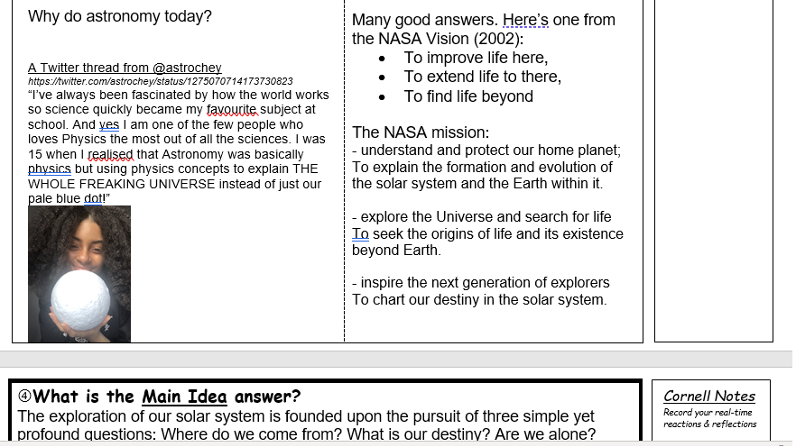 TheScienceGiant's tweet photo. Revising my #QuestionExploration on "Why do we explore outer space?" to share the story of @astrochey, an amazing astrophysicist and inspirational investigator. Thank you Cheyenne for being a great science communicator. It changes how I teach Ss! #BlackinAstro and #WomenInSTEM https://t.co/k4VYIv46mi