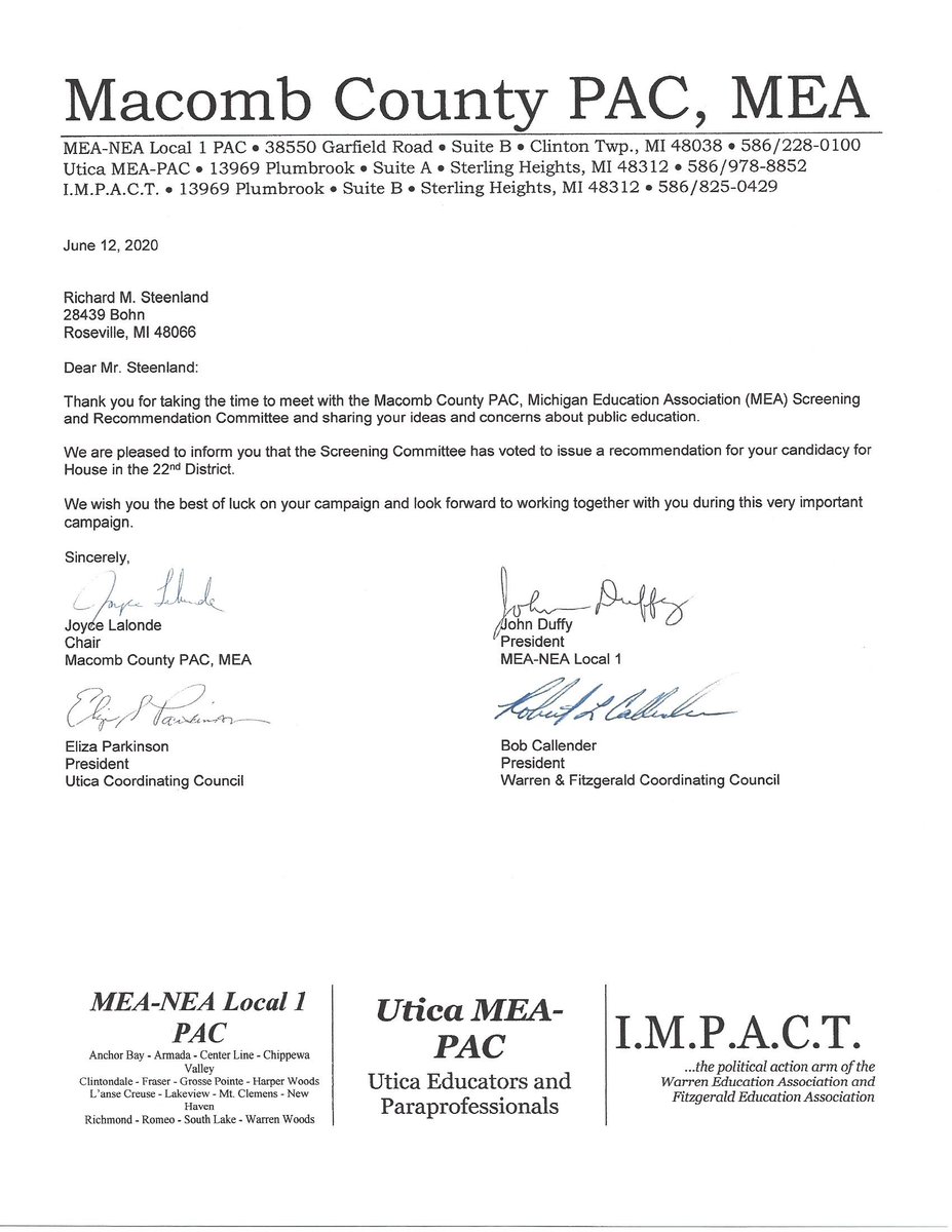 richsteenland's tweet photo. I am honored to have received the endorsement of the Michigan Education Association Local 1 (MEA) for my campaign for State Representative! I will always stand strong with the educators and support staff of our public schools and will work to give them resources needed to succeed https://t.co/LRjnJ3JGVJ