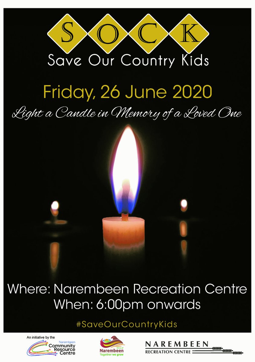 NarembeenCRC's tweet photo. TONIGHT - The SOCK WEEK 2020 Finale at the Narembeen Recreation Centre. Come down and light a candle in memory of a loved one.
#SaveOurCountryKids #SOCKWeek2020 https://t.co/a9Zf9HYPlu