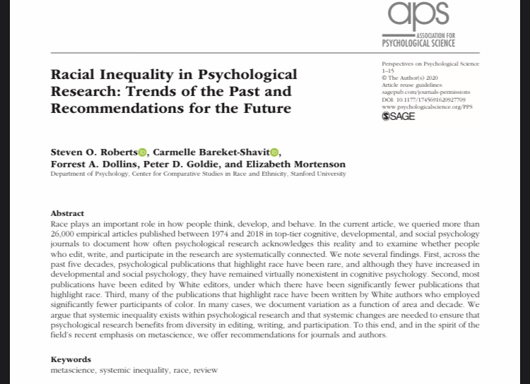 Massive analysis shows psychology rarely publishes work on race, and when we do it’s by predominantly White authors & White editors studying (mostly) White participants. Brilliant new work by Steven Roberts & colleagues, now out in Perspectives https://journals.sagepub.com/doi/abs/10.1177/1745691620927709?journalCode=ppsa