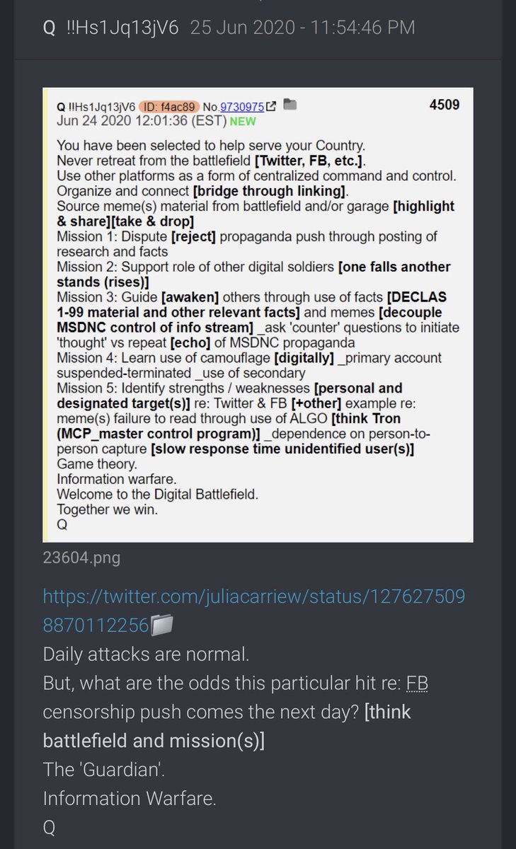 4526- https://twitter.com/juliacarriew/status/1276275098870112256Daily attacks are normal.But, what are the odds this particular hit re: FB censorship push comes the next day? [think battlefield and mission(s)]The 'Guardian'. Information Warfare.Q