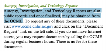 They can begin the investigation. This provision specifically says *all* public records provided to the ME, which I assume would include death certificates, autopsies, etc., which are currently public record.  #ncga  #ncpol
