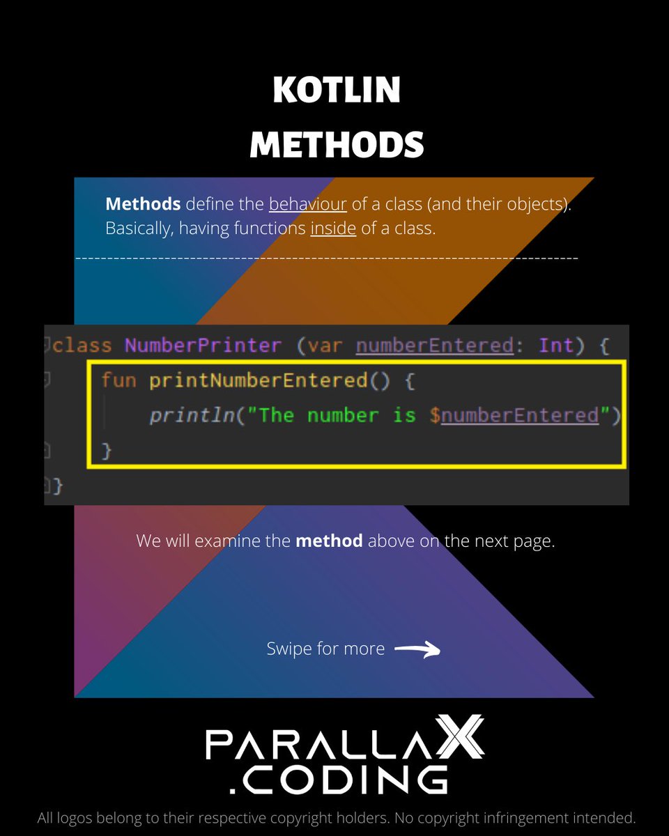 parallaXcoding's tweet image. Kotlin: Learn About Methods 📝 | 𝙃𝙖𝙣𝙙𝙢𝙖𝙙𝙚 𝙛𝙤𝙧 𝙮𝙤𝙪 𝙗𝙮 𝙥𝙖𝙧𝙖𝙡𝙡𝙖𝙓.𝙘𝙤𝙙𝙞𝙣𝙜 #app #mobile #coding #android #ios #dev #developer #programming #programmer #code #computer #kotlin #java #100DaysOfCode #software #softwaredeveloper #google #LearnToCode #education