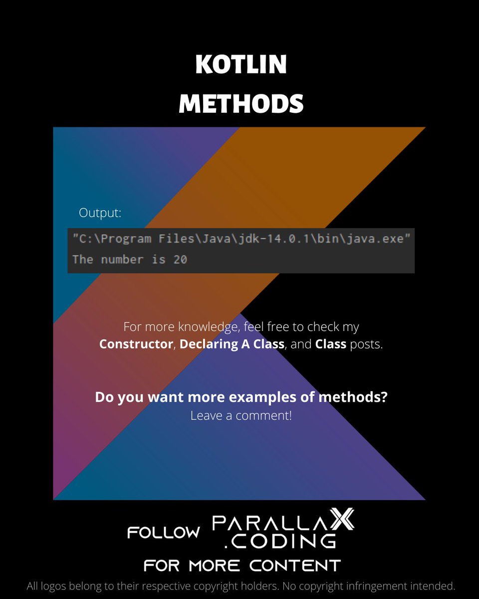 parallaXcoding's tweet image. Kotlin: Learn About Methods 📝 | 𝙃𝙖𝙣𝙙𝙢𝙖𝙙𝙚 𝙛𝙤𝙧 𝙮𝙤𝙪 𝙗𝙮 𝙥𝙖𝙧𝙖𝙡𝙡𝙖𝙓.𝙘𝙤𝙙𝙞𝙣𝙜 #app #mobile #coding #android #ios #dev #developer #programming #programmer #code #computer #kotlin #java #100DaysOfCode #software #softwaredeveloper #google #LearnToCode #education